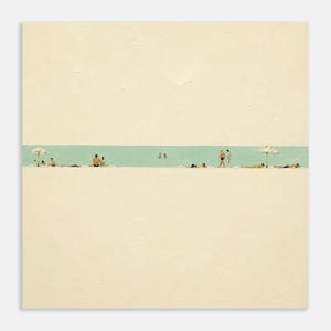 May include: A square painting featuring a wide expanse of beige sand and a pale sky separated by a thin horizontal band of turquoise water. Small figures of people are scattered along the shoreline, some lying down and others standing near umbrellas.