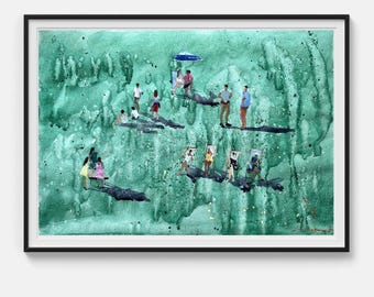 Arte figurativo. Acuarela original. Julio verde. Arte mural verde. Cuadro enmarcado. Obra de arte en acuarela de 20 x 28 pulgadas por Bogdan Shiptenko.