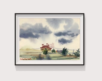 Sky landscape Original watercolor painting Landscape artwork Cloud painting Watercolor art Sky painting 7" by 11" inches by Bogdan Shiptenko