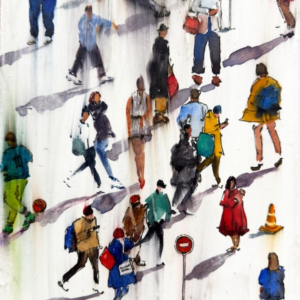 Figurative art Original watercolor painting People and city People wall art Watercolor art Canvas wall art 8 x 12 inches by Bogdan Shiptenko