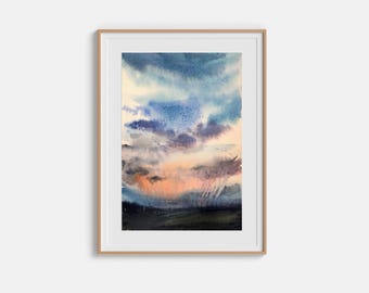 Pintura de paisaje Pintura original en acuarela Amanecer tormentoso Arte de pared enmarcado Arte vertical Boceto en acuarela de 7 x 11 pulgadas de Bogdan Shiptenko