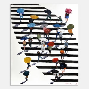 May include: An original painting depicts a busy city street scene with pedestrians crossing a black and white crosswalk. People are holding umbrellas of various colors, including red, yellow, and blue. The artwork has a watercolor style.