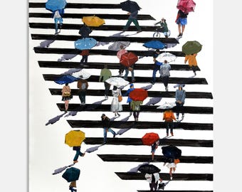 Arte figurativo. Pintura acrílica original. Paraguas cruzando. Arte mural sobre lienzo. Pintura vertical. Arte mural para oficina. 20x24 pulgadas, por Bogdan Shiptenko.