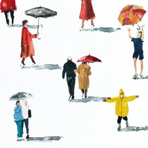 May include: A watercolor painting of people walking in the rain with umbrellas. Some people are wearing red coats, others are wearing yellow raincoats, and some are wearing black coats. There are also some people with umbrellas.