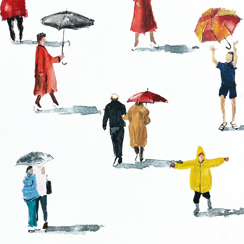 May include: A watercolor painting of people walking in the rain with umbrellas. Some people are wearing red coats, others are wearing yellow raincoats, and some are wearing black coats. There are also some people with umbrellas.
