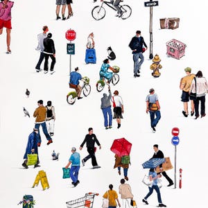 以下が含まれることがあります： 水彩画。歩行者、自転車に乗る人、傘を使う人など、多くの人物が登場する都市のシーン。 停止標識、信号機、ショッピングカートがあり、賑やかな都市環境を捉えています。