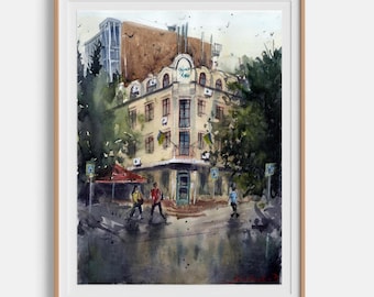 Pintura de paisaje urbano. Acuarela original. Ciudad tranquila. Boceto arquitectónico. Arte mural urbano. Obra de arte en acuarela de 10 x 13 pulgadas por Bogdan Shiptenko.