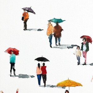 May include: Watercolor painting of people walking in the rain with umbrellas. The painting features a variety of colors, including red, blue, green, and yellow. The people are wearing raincoats and carrying umbrellas.