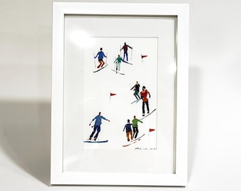 Figurative art Original watercolor painting Ski moments Ski wall art Vertical painting Framed art Watercolor artwork 4x5 by Bogdan Shiptenko