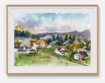 Landscape painting Original watercolor painting Autumn village Watercolor landscape Landscape art Watercolor art 12 x 16 by Bogdan Shiptenko