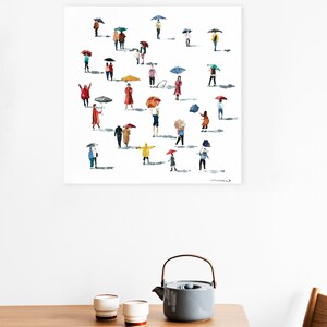 May include: A watercolor painting of people walking in the rain with colorful umbrellas. The painting is on a white background.