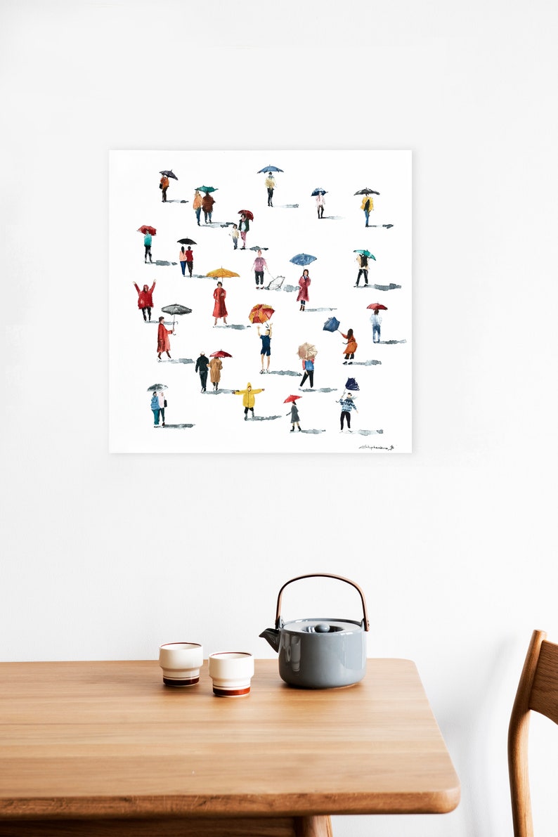 May include: A watercolor painting of people walking in the rain with colorful umbrellas. The painting is on a white background.