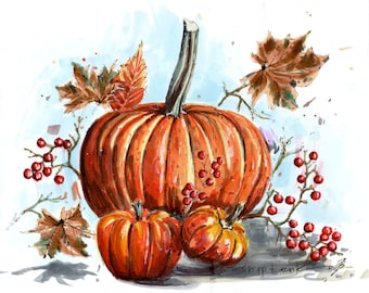 Pintura de comida Pintura original con rotulador Cosecha de otoño Pintura naranja Arte de comida Arte mural de otoño Obra de arte enmarcada de 7x8 pulgadas de Bogdan Shiptenko