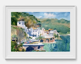 Cityscape artwork Original watercolor painting Amalfi coast Architecture sketch Framed wall art Coast painting 6x8" inch by Bogdan Shiptenko