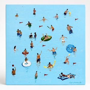 May include: A square painting on a light blue background depicting numerous figures swimming and playing in water. The scene includes people on colorful inflatable rings, a blue pool float, and small red flags scattered throughout the water.