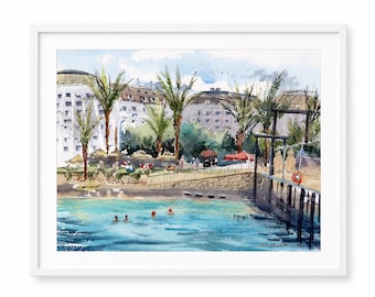 Ocean painting Original watercolor painting Long beach resort Watercolor artwork Beach wall art Seascape painting 12x16" by Bogdan Shiptenko