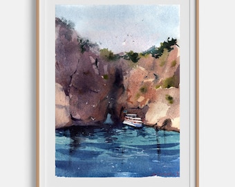 Ocean painting Original watercolor artwork Azure bay Ocean wall art Framed art Vertical painting Watercolor sketch 9x12" by Bogdan Shiptenko