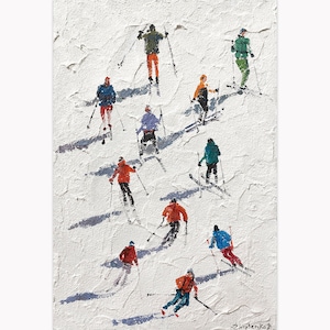May include: A painting of a group of skiers on a snowy slope. The skiers are wearing colorful clothing and are skiing down the hill. The painting is done in a loose, impressionistic style.