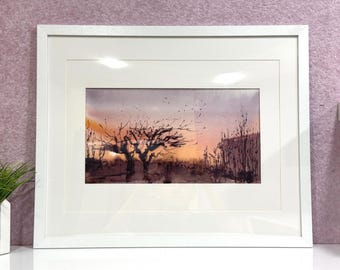 Pintura de paisaje Obra de arte original en acuarela Silencio de otoño Arte mural naranja Arte de otoño Obra de arte en acuarela de 12x16 pulgadas de Bogdan Shiptenko