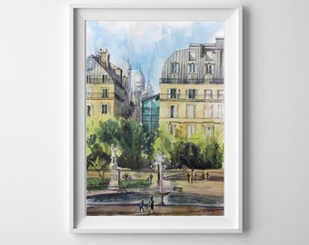 Pintura de París Escena callejera de París Parque Impresión de mi pintura de acuarela Arte mural colorido Pintura mural Paisaje urbano Paisaje urbano de París