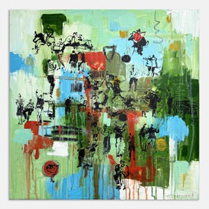 Puede incluir: Pintura abstracta con una apariencia texturizada y en capas. La obra de arte presenta una vibrante mezcla de tonos verdes, azules y rojos, con figuras negras que representan a personas en diversas actividades. El estilo recuerda al expresionismo.