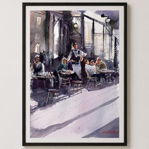 May include: A framed watercolor painting depicting a bustling outdoor cafe scene with a server in a vest and bowtie carrying a tray. Patrons sit at small round tables under dark, dramatic shadows and bright light, with a signature in the bottom right corner.