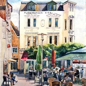 Pintura de paisaje urbano Obra de arte original en acuarela Café en Flensburg Boceto de arquitectura Pintura vertical Arte enmarcado 16x24 de Bogdan Shiptenko