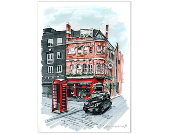 London art Original marker painting Cityscape artwork Street scene painting Architecture sketch Marker art 8 x 12 inches by Bogdan Shiptenko