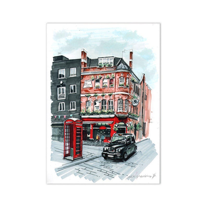 London art Original marker painting, experience the bustling energy of London's streets in this original marker painting, which skillfully captures the city's iconic architecture and dynamic street scenes in vivid detail.