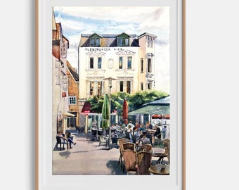 Pintura de paisaje urbano. Acuarela original. Café de Bruselas. Obra de arte arquitectónica. Arte vertical. Cuadro de pared enmarcado de 16 x 24 pulgadas, de Bogdan Shiptenko.