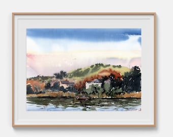 Pintura de paisaje Pintura original en acuarela Mañana en el lago Obra de arte en acuarela Arte mural del lago Pintura enmarcada de 12" x 16" de Bogdan Shiptenko