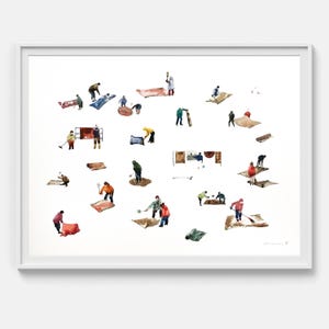 May include: A framed watercolor print on a white background featuring numerous small figures in colorful clothing engaged in various tasks with rectangular fabric pieces, mats, and tools, arranged in a scattered, non-linear composition.