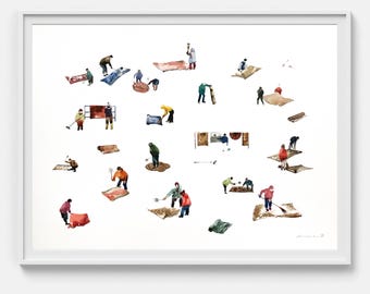 Arte figurativo Acuarela original Limpieza de primavera Pintura de personas Cuadro enmarcado Cuadro grande de 20x28 pulgadas de Bogdan Shiptenko