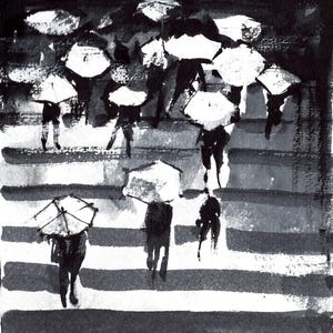 May include: A black and white ink painting of people walking down a set of stairs with umbrellas. The people are wearing dark clothing and the umbrellas are white.