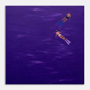 May include: An oil painting on canvas depicting two figures snorkeling in deep purple water. One figure wears dark swim trunks and blue fins, while the other wears a white two-piece swimsuit and light-colored fins, both swimming in the vast space.