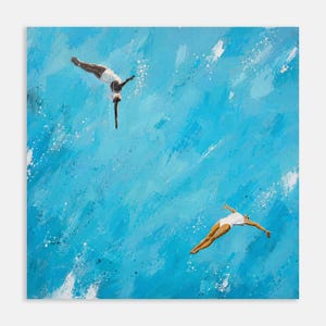 May include: An oil painting on canvas depicting two figures in white swimsuits diving into vibrant blue water. The background features textured, expressive brushstrokes in various shades of azure and cyan, creating a sense of movement and splashing water.
