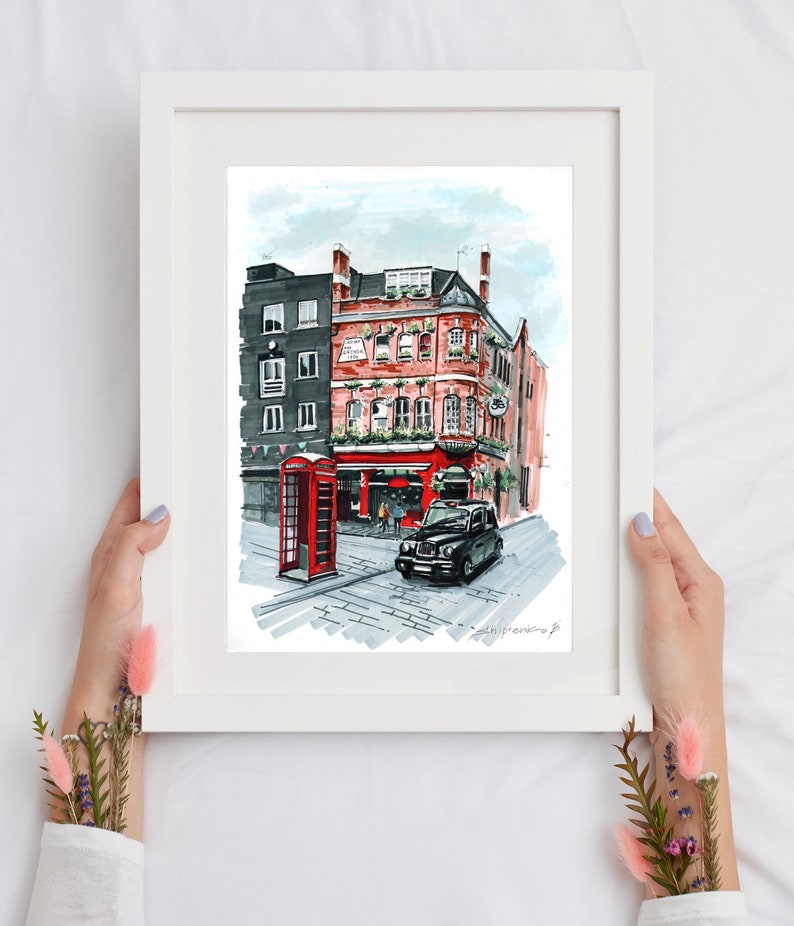 London art Original marker painting, experience the bustling energy of London's streets in this original marker painting, which skillfully captures the city's iconic architecture and dynamic street scenes in vivid detail.