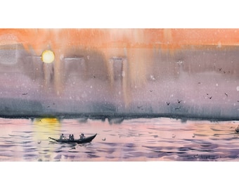 Tramonto mare Pittura ad acquerello originale Opera d'arte marina Pittura di paesaggio marino Schizzo ad acquerello Pittura al tramonto Arte del mare 10x20 di Bogdan Shiptenko
