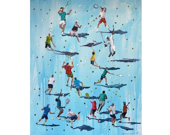 Könnte beinhalten: Ein Originalgemälde, das ein Tennisspiel in Aktion zeigt. Das Kunstwerk zeigt mehrere Spieler in verschiedenen Posen, die Schläger schwingen und Tennisbälle schlagen. Der Hintergrund ist hellblau mit verstreuten goldenen Punkten.