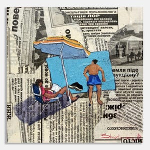May include: Mixed media artwork depicting a beach scene with figures under a blue and yellow umbrella. The background is a collage of newspaper clippings, with text in a foreign language.