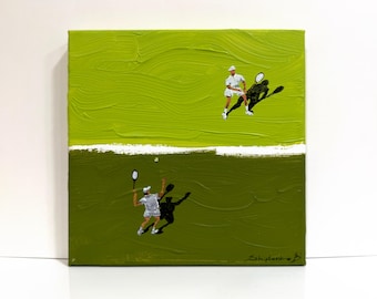 Arte figurativa Dipinto acrilico originale Giocatori di tennis Dipinto verde Quadro su tela Arte tennistica Opera acrilica 8 x 8" di Bogdan Shiptenko