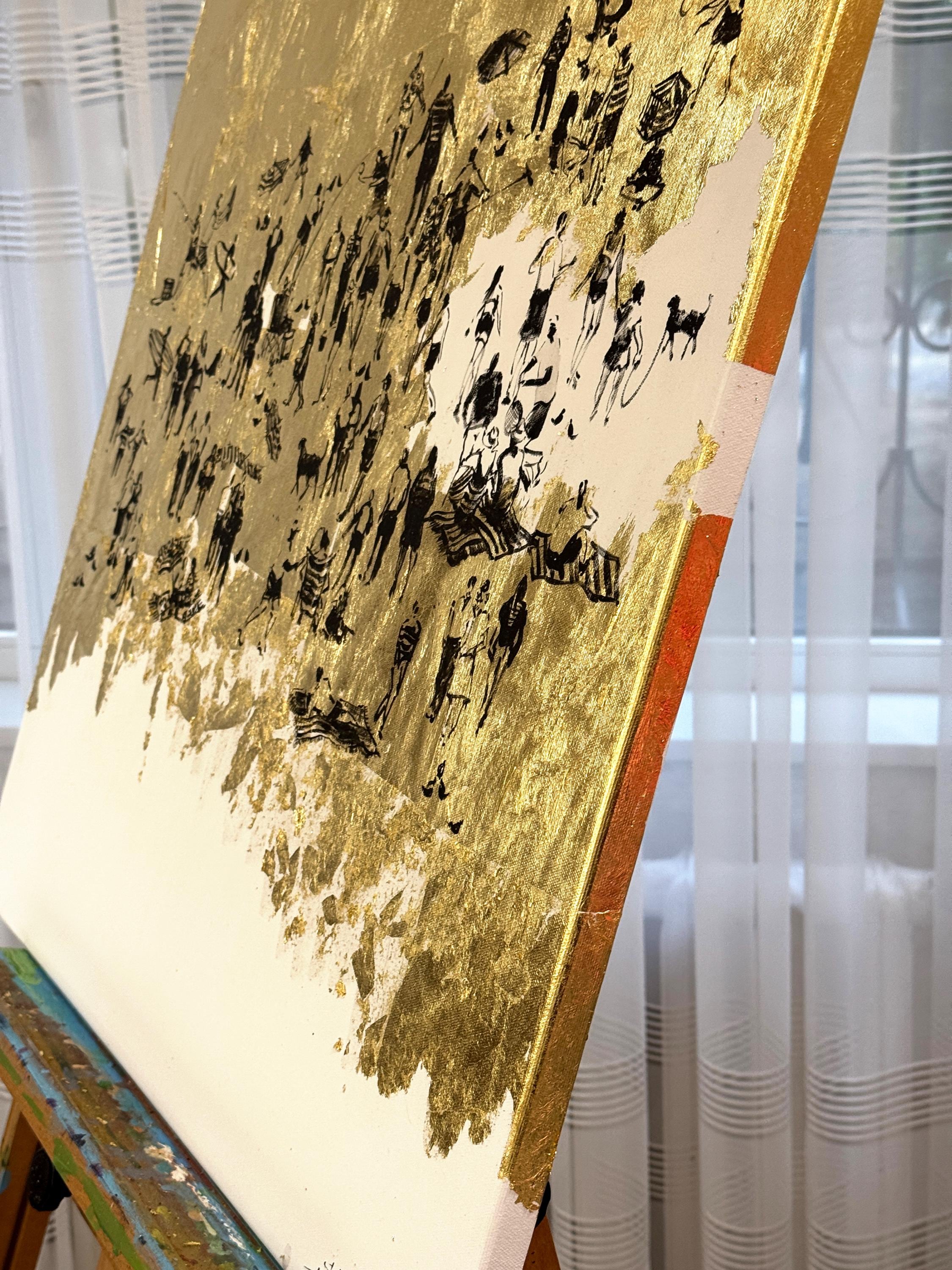 『黄金の葉』絵画 アクリル画/原画 黄金の海岸 オリジナルアクリル画のプリント 黄金の葉の芸術