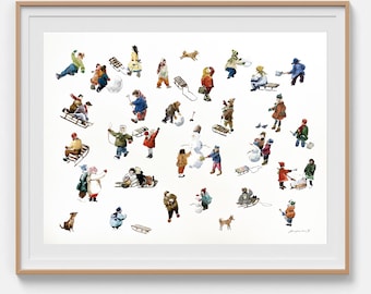 Figurative art Original Watercolor Painting Snow day Winter people Framed art Figurative painting Christmas gift 20 x 28 by Bogdan Shiptenko