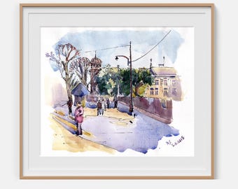 Cityscape artwork Original watercolor painting Lviv old town City wall art Architecture sketch Framed artwork 7x8 inches by Bogdan Shiptenko