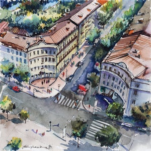 Above the crossroads Print of original Watercolor art Cityscape painting Architecture art Crossroads painting 12&quot; by 12&quot; by Bogdan Shiptenko