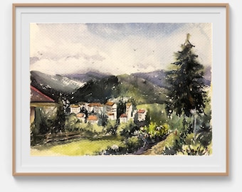 Landscape painting Original watercolor artwork Mountain village Landscape art Village painting Mountain art 12x16 inches by Bogdan Shiptenko