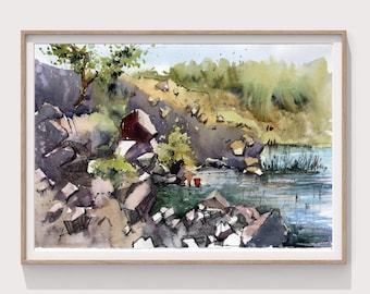 Pintura de paisaje Pintura original en acuarela Lago rocoso Pintura horizontal Arte mural de lago Obra de arte en acuarela 12 x 16 de Bogdan Shiptenko