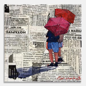 May include: An artistic illustration of two figures under red umbrellas, set against a backdrop of newspaper clippings. The artwork features a blend of colors and textures, creating a unique visual effect.