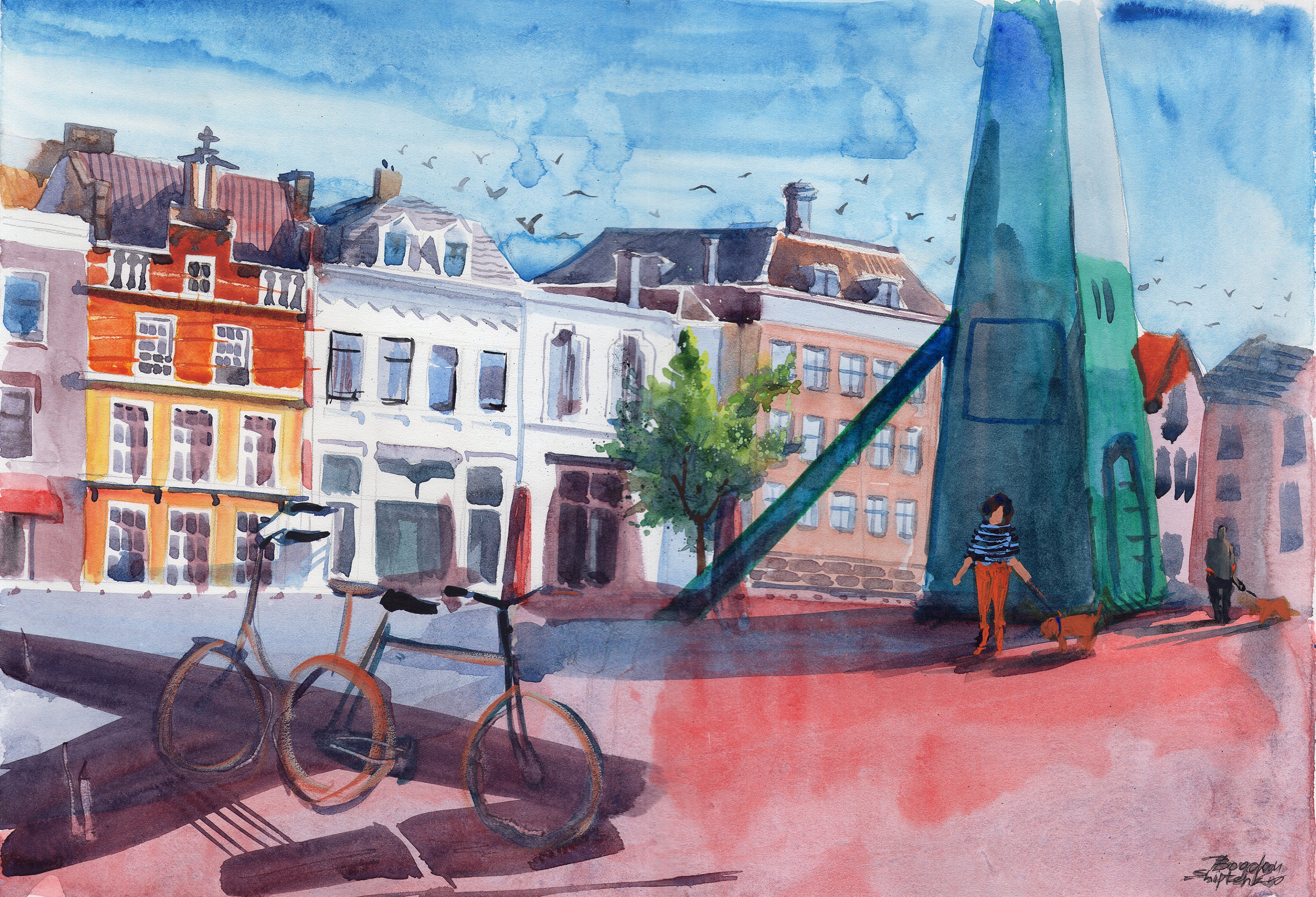 Amsterdam original ink and watercolor urban sketch painting. Amsterdam  watercolor paintings. European cities watercolor fine art images.