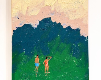 Arte figurativo Pintura acrílica original Natación costera Arte verde Pintura náutica Arte mural sobre lienzo Obra de arte acrílica 8 x 12 de Bogdan Shiptenko